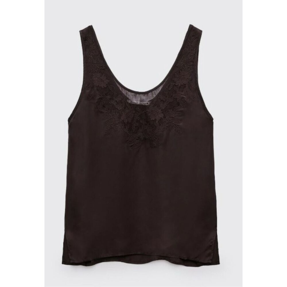 ZARA Limited Edition Chocolate Brown Embroidered Camisole Size S